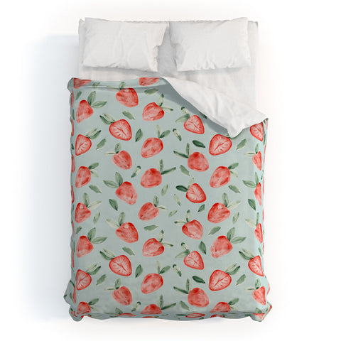 marufemia Watercolor painting strawberries blue Duvet Cover