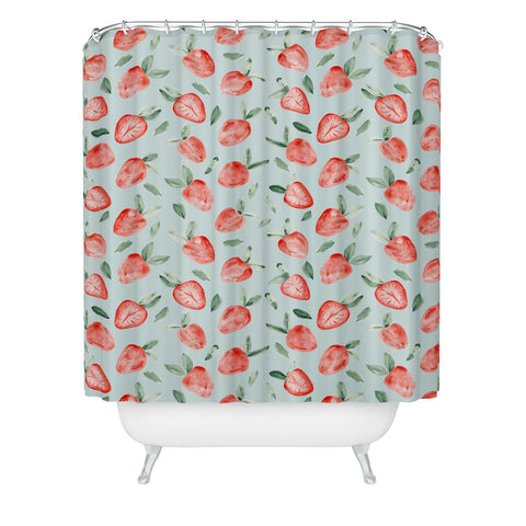 marufemia Watercolor painting strawberries blue Shower Curtain