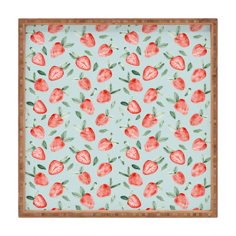 marufemia Watercolor painting strawberries blue Square Tray