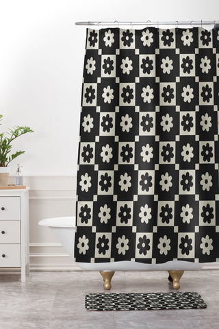 Megan Galante Checkered Daisy Black ink Shower Curtain And Mat