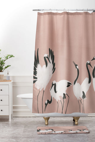 Megan Galante Crane Dance Mauve Pink Shower Curtain And Mat