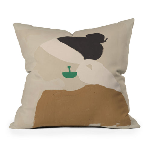 Megan Galante Minimalist Woman with Green Ea Outdoor Throw Pillow