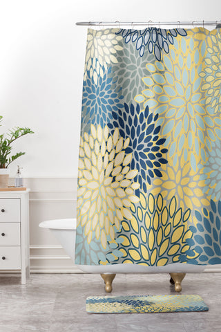 Megan Morris Floral Print Yellow Gray Blue Shower Curtain And Mat