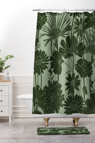 Megan Morris Floral Prints Dark Green Shower Curtain And Mat