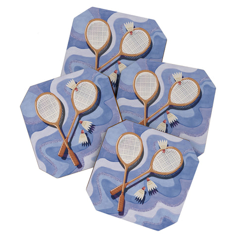 mele_artanddesign Badminton Retro Swirls Blue Coaster Set
