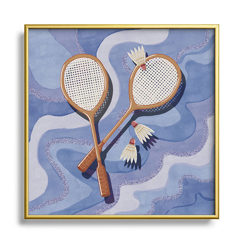 mele_artanddesign Badminton Retro Swirls Blue Square Metal Framed Art Print