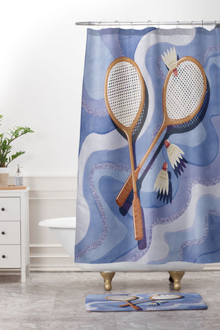 mele_artanddesign Badminton Retro Swirls Blue Shower Curtain And Mat