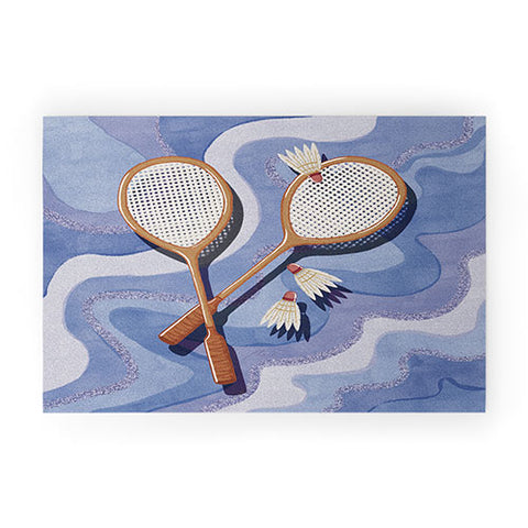 mele_artanddesign Badminton Retro Swirls Blue Welcome Mat