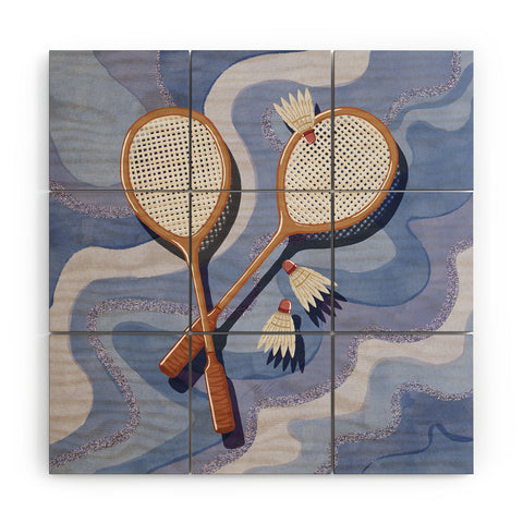 mele_artanddesign Badminton Retro Swirls Blue Wood Wall Mural