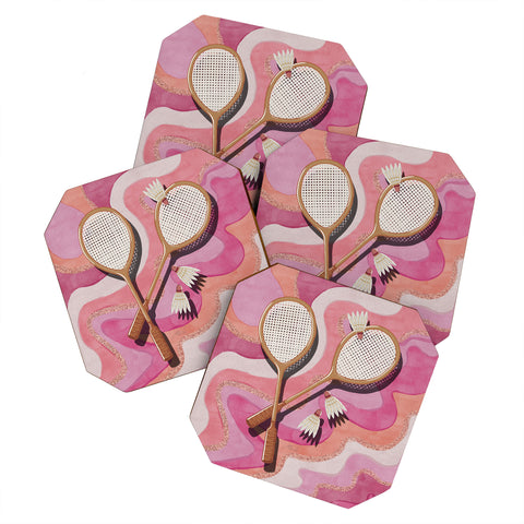 mele_artanddesign Badminton Retro Swirls Pink Coaster Set