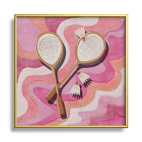 mele_artanddesign Badminton Retro Swirls Pink Square Metal Framed Art Print