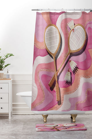 mele_artanddesign Badminton Retro Swirls Pink Shower Curtain And Mat