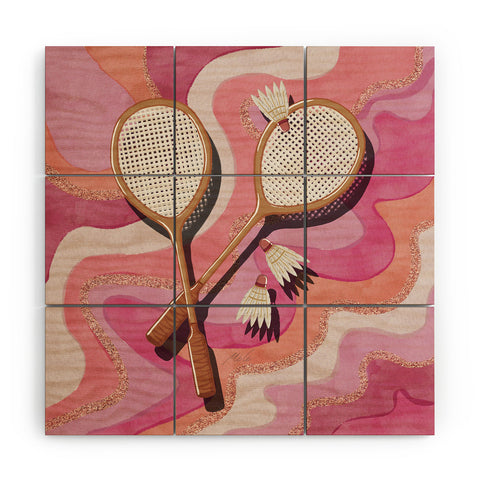 mele_artanddesign Badminton Retro Swirls Pink Wood Wall Mural