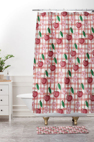 mele_artanddesign Watercolor Cherry Blossom Red Shower Curtain And Mat