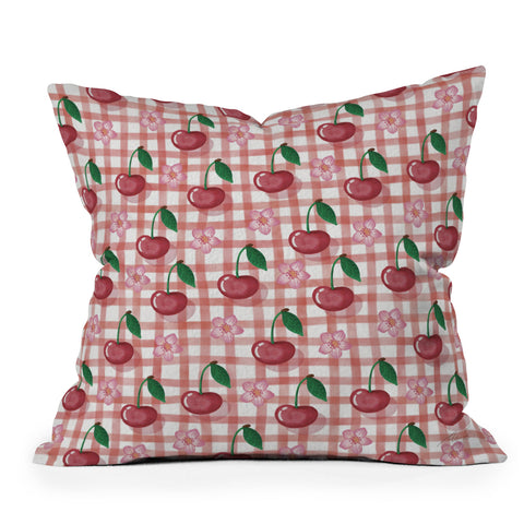 mele_artanddesign Watercolor Cherry Blossom Red Throw Pillow