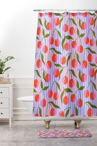 Melissa Donne Cherries and Stripes Shower Curtain And Mat