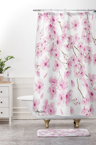 Melly Terpening Cherry Blossom in White Shower Curtain And Mat