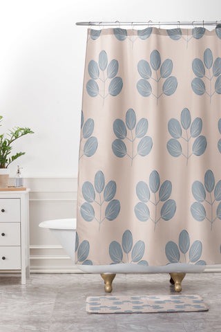 Menina Lisboa Blue Leaves Shower Curtain And Mat