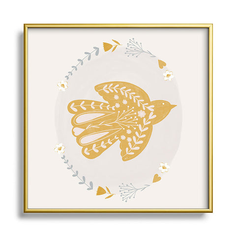 Menina Lisboa Folk Nordic Bird Square Metal Framed Art Print