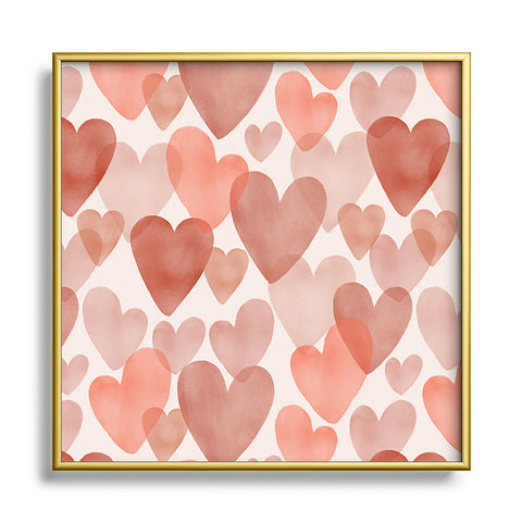 Menina Lisboa Watercolor Red Hearts Square Metal Framed Art Print