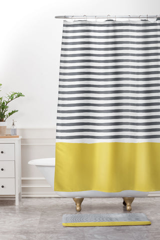 Menina Lisboa Watercolour Stripes Mustard Shower Curtain And Mat