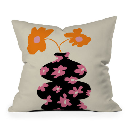Miho Black floral Vase Outdoor Throw Pillow