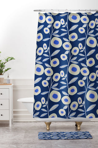 Mirimo Groovy Blooms Indigo Shower Curtain And Mat