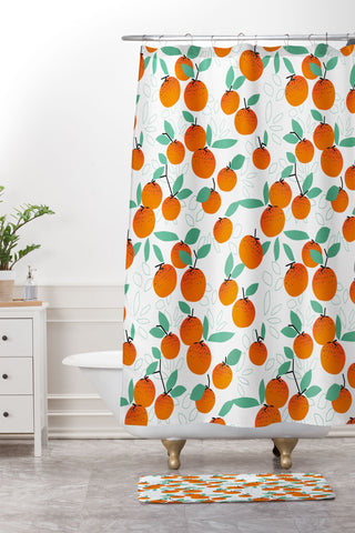 Mirimo Oranges on White Shower Curtain And Mat