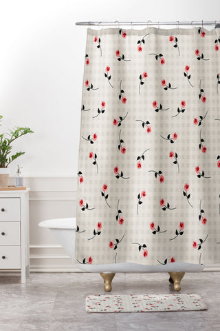 Mirimo Tiny roses on gingham Shower Curtain And Mat