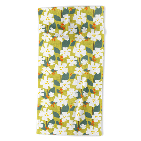 Mirimo White flowers and red berries Beach Towel