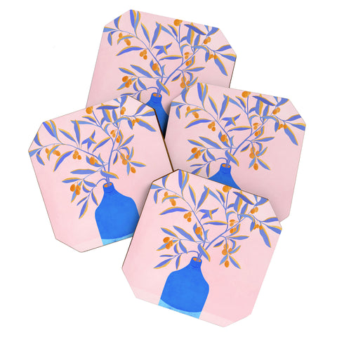 Modern Tropical Blue Branches Botanical Coaster Set