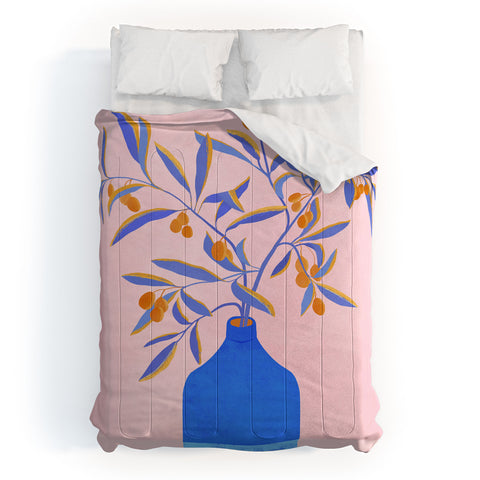 Modern Tropical Blue Branches Botanical Comforter