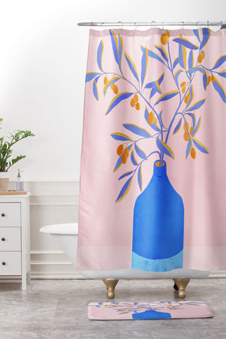 Modern Tropical Blue Branches Botanical Shower Curtain And Mat