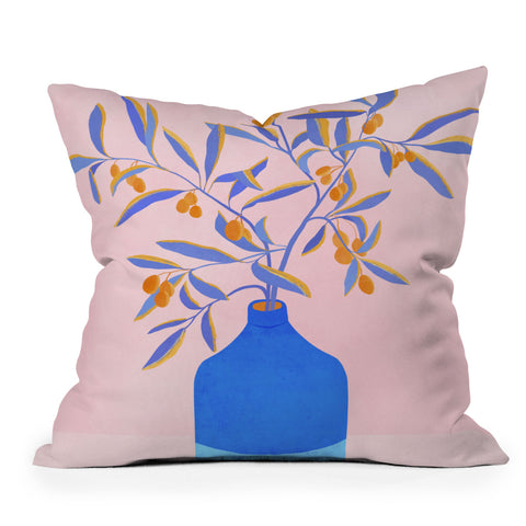 Modern Tropical Blue Branches Botanical Outdoor Throw Pillow
