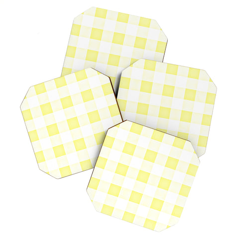 Monika Strigel FARMHOUSE SHABBY GINGHAM SUNNY YELLOW CHECKERED PLAID Coaster Set