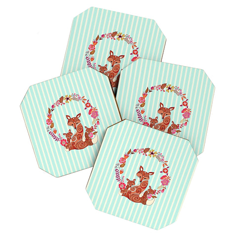 Monika Strigel Fox And Flowers And Blue Stripes Coaster Set