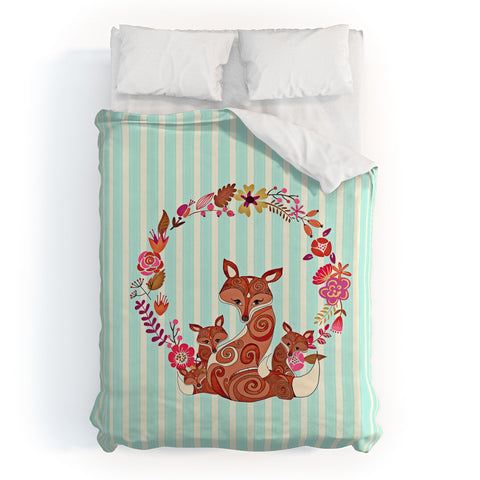 Monika Strigel Fox And Flowers And Blue Stripes Duvet Cover