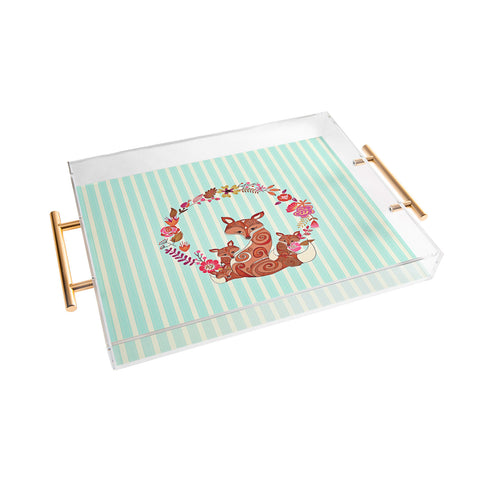 Monika Strigel Fox And Flowers And Blue Stripes Acrylic Tray