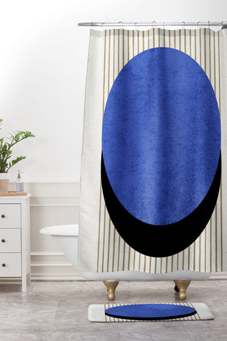 MoonlightPrint Circle Blue Stripes Shower Curtain And Mat