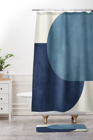 MoonlightPrint Halfmoon Colorblock Blue Shower Curtain And Mat