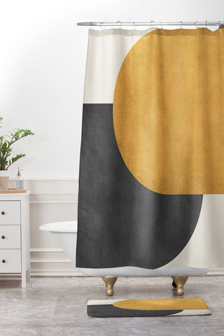MoonlightPrint Halfmoon Colorblock Gld Blck Shower Curtain And Mat