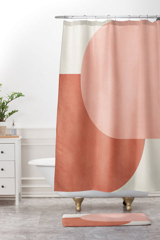 MoonlightPrint Halfmoon Colorblock Pink Shower Curtain And Mat