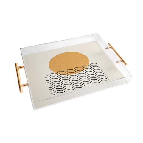 MoonlightPrint Ocean wave gold sunrise mid century Acrylic Tray