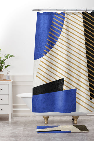 MoonlightPrint Stripes Circle Geometric Blue Shower Curtain And Mat