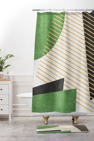 MoonlightPrint Stripes Circle Geometric Green Shower Curtain And Mat