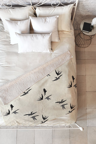 Morgan Kendall black birds Fleece Throw Blanket