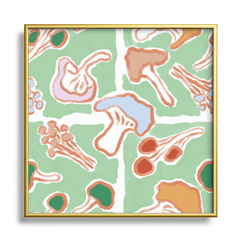 MSRYSTUDIO Mushroom Party Green Square Metal Framed Art Print