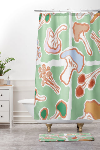 MSRYSTUDIO Mushroom Party Green Shower Curtain And Mat