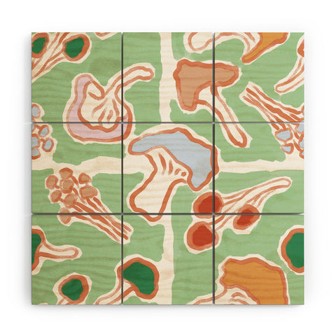 MSRYSTUDIO Mushroom Party Green Wood Wall Mural