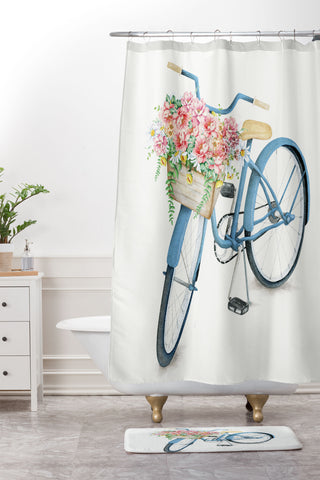 Nadja Blue Bicycle with Flowers Shower Curtain And Mat